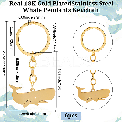 6Pcs Whale Stainless Steel Pendants Keychain KEYC-BBC0001-12B-1