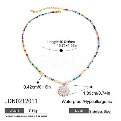 304 Stainless Steel Enamel White Flower Pendant Glass Seed Beaded Necklaces for Women FS-WGBCA12-04-1