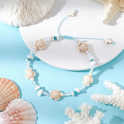 Turtle Cross Synthetic Turquoise & Magnesite & Glass Seed Braided Beaded Adjustable Anklets AJEW-AN00652-1