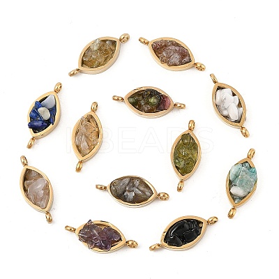Natural Mixed Gemstone Chip 304 Stainless Steel Horse Eye Connector Charms KK-P300-12G-1