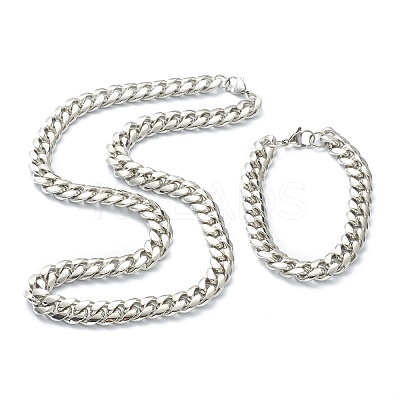 304 Stainless Steel Cuban Link Chain Bracelets & Necklaces Jewelry Sets SJEW-B019-03D-P-1