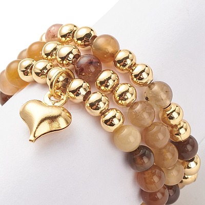 3Pcs 3 Style Natural Gemstone & Brass Beaded Finger Rings with 304 Stainless Steel Heart Charms for Women RJEW-JR00470-1