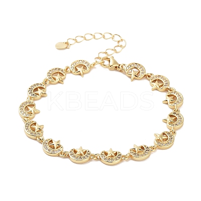 Rack Plating Brass Pave Clear Cubic Zirconia Moon Link Chain Bracelets for Women BJEW-R317-14G-1