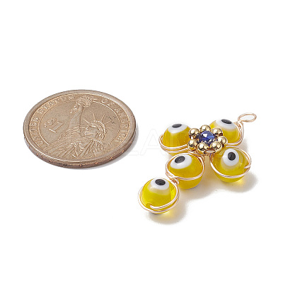 Brass Wire Wrapped Handmade Evil Eye Lampwork Pendants PALLOY-TA00036-02-1