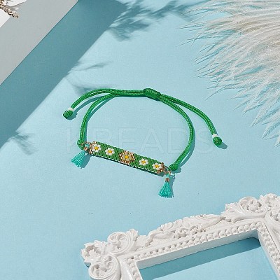 Handmade Japanese Seed Rectangle with Flower Link Braided Bead Bracelet BJEW-MZ00014-01-1