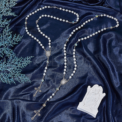2Pcs White Round Glass Pearl Rosary Bead Necklaces NJEW-GO0001-13-1
