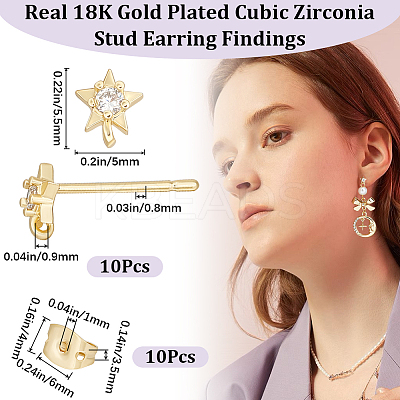 5 Pairs Star Shape Brass Micro Pave Clear Cubic Zirconia Stud Earring Findings ZIRC-BBC0002-55-1