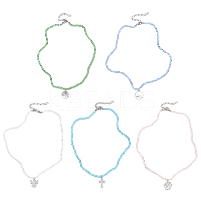 Stainless Steel Pendant Electroplate Glass Faceted Rondelle Beaded Necklaces NJEW-JN05530-1