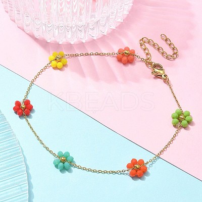 304 Stainless Steel & Synthetic Stone Daisy Flower Chain Anklets for Women LS-AJEW-B031-01G-03-1