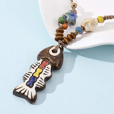 Ceramic Fish Pendant Adjustable Waxed Cord Necklaces for Women LS-NJEW-B146-02-1