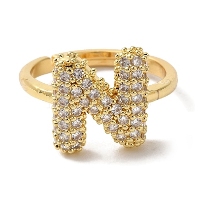 Rack Plating Letter Brass Micro Pave Clear Cubic Zirconia Adjustable Rings for Women KK-S391-03G-N-1