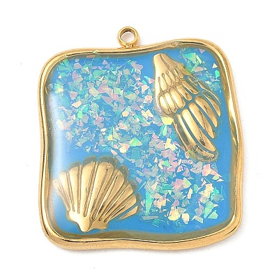 304 Stainless Steel Epoxy Resin with Natural Shell and Sequins Inside Pendants STAS-L026-17G-D03-1