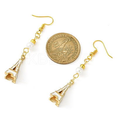 Alloy Enamel Eiffel Tower Dangle Earrings with Imitation Pearl Beaded EJEW-JE05422-03-1