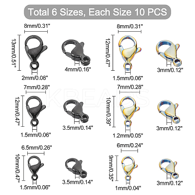 60Pcs 6 Sizes PVD Vacuum Plating 304 Stainless Steel Lobster Claw Clasps STAS-PH0001-43-1