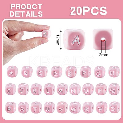 20Pcs Pink Cube Letter Silicone Beads 12x12x12mm Square Dice Alphabet Beads with 2mm Hole Spacer Loose Letter Beads for Bracelet Necklace Jewelry Making JX435Q-1