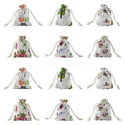 24Pcs 6 Colors Floral Animal Printed Burlap Packing Pouches ABAG-FS0001-13-1