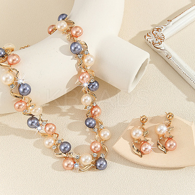Alloy with Plastic Pearl Round Beaded Link Chain Necklaces & Stud Dangle Earrings Sets WG2621B-01-1