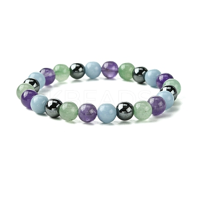 Synthetic Non-Magnetic Hematite & Natural Green Aventurine & Natural Amethyst & Natural Angelite Round Beaded Stretch Bracelets BJEW-JB10910-08-1