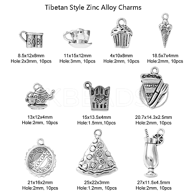 100Pcs 10 Style Tea Theme Tibetan Style Zinc Alloy Pendants TIBEP-CJ0001-69-1