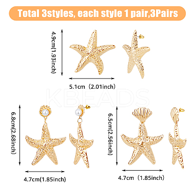 3 Pairs 3 Style Alloy Starfish Dangle Stud Earrings with Plastic Pearl Beaded EJEW-FI0002-95-1