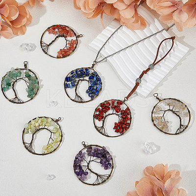 7 Chakra Copper Wired Wrapped Natural Mixed Gemstone Chip Big Pendants PALLOY-AB00196-1