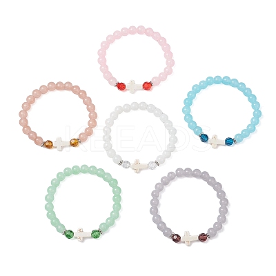 6Pcs Round Spray Painted Imitation Jade Glass Beads Stretch Bracelets for Women BJEW-JB12881-1