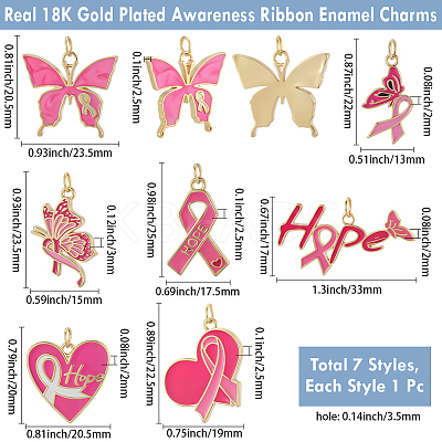 7Pcs 7 Styles October Breast Cancer Pink Awareness Ribbon Brass Enamel Pendants KK-BBC0020-36-1