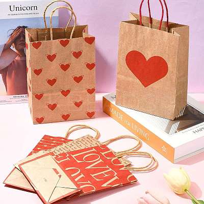 12Pcs 5 Styles Valentine's Day Heart Printed Paper Bags CARB-FS0001-07-1