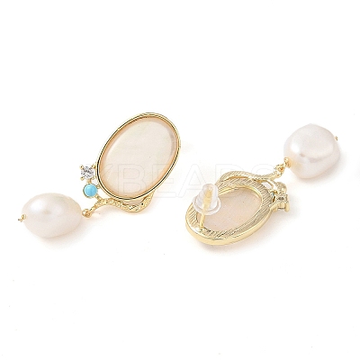 Oval Natural Shell Stud Earrings EJEW-L286-12G-1