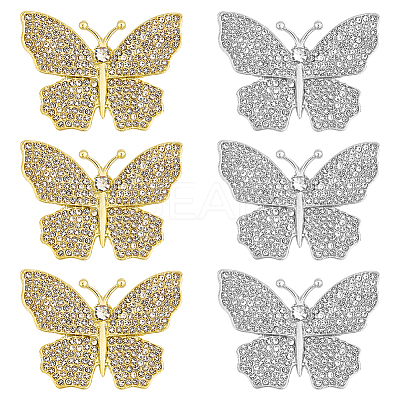 6Pcs 2 Colors Butterfly Alloy Rhinestone Lapel Pins for Backpack Clothes JEWB-OC0001-07-1