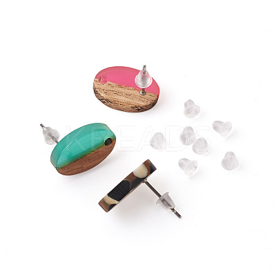 12Pairs 12 Colors Opaque Resin & Walnut Wood Stud Earring Findings MAK-CD0001-05-1
