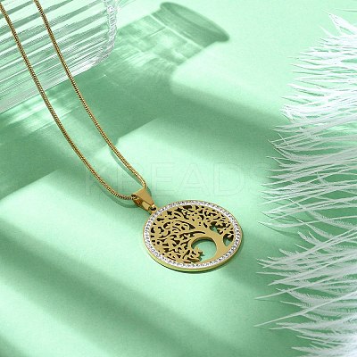201 Stainless Steel Crystal Rhinestone Tree of Life Pendant Necklaces for Women NJEW-P327-03G-1