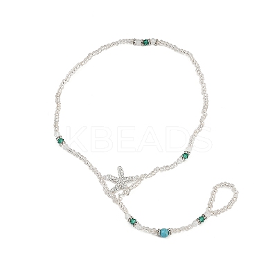 Alloy Crystal Rhinestone Starfish Round Glass Seed Beaded Stretch Toe Ring Anklets for Women AJEW-K052-01-1