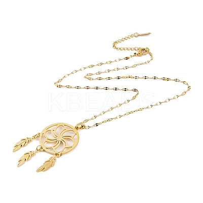 Woven Net/Web with Feather 201 Stainless Steel Boho Pendant Necklaces for Women NJEW-G087-03G-1