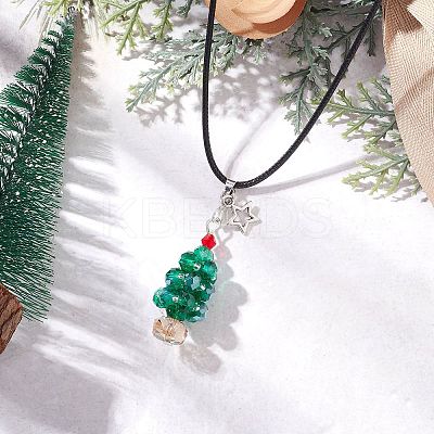 Electroplate Glass Beaded Dark Cyan Christmas Tree & Alloy Star Pendant Black Waxed Cotton Cord Necklaces NJEW-MZ00123-01-1