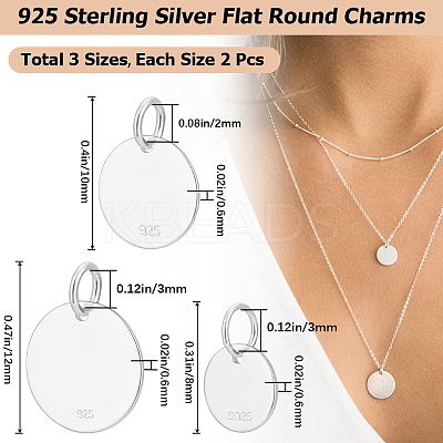 6Pcs 3 Size 925 Sterling Silver Pendants STER-BBC0005-38S-1