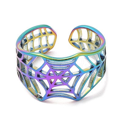Ion Plating(IP) 304 Stainless Steel Hollow Spider Web Open Cuff Ring for Women RJEW-M149-25RC-1