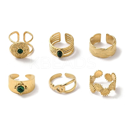 6Pcs 6 Style Flat Round & Oval & Hollow 304 Stainless Steel Open Cuff Rings Set RJEW-P092-05G-M-1