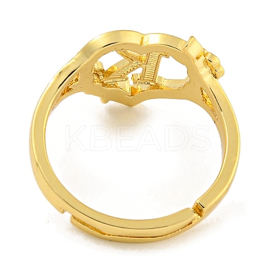 Heart with Letter & Flower Rack Plating Brass Adjustable Rings for Women RJEW-I105-05G-K-1