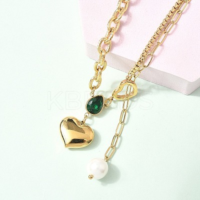 304 Stainless Steel Pave Green Cubic Zirconia Heart Pendant Necklaces for Women NJEW-U040-01A-G-1