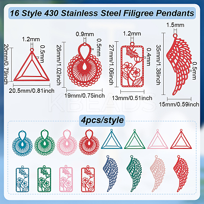 64Pcs 16 Style 430 Stainless Steel Filigree Pendants STAS-BC0003-75-1
