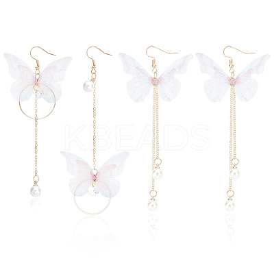 2 Pairs 2 Style Fabric Butterfly with Plastic Pearl Beaded Dangle Earrings EJEW-AN0002-84-1