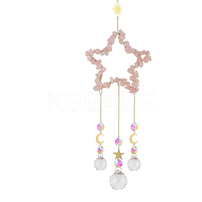 Natural Rose Quartz Chip Wrapped Metal Star Hanging Ornaments LS-PW-WG25242-03-1