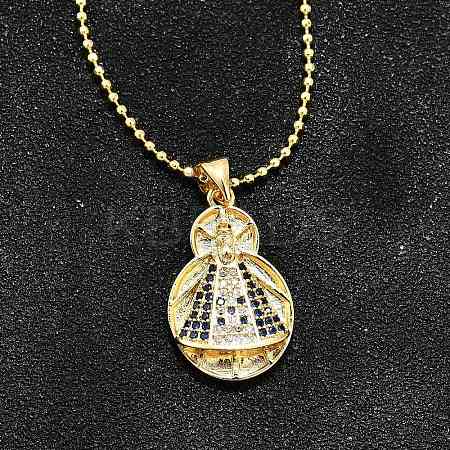 Brass Clear & Blue Cubic Zirconia Nossa Senhora Aparecida Virgin Pendant Necklaces for Women NJEW-U039-01B-G-1