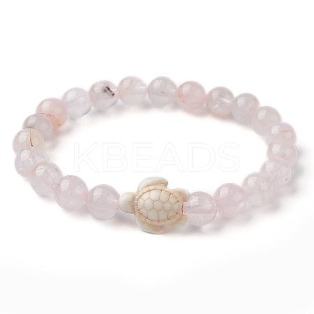 Natural Rose Quartz Round & Synthetic Turquoise Turtle Beaded Stretch Bracelet for Women BJEW-JB09700-02-1
