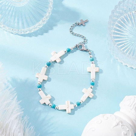 Synthetic Turquoise & Non-magnetic Hematite Beaded Bracelets for Women BJEW-JB12222-01-1