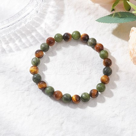Natural Tiger Eye & Chinese Southern Jade Round Beaded Stretch Bracelets for Men Women BJEW-JB12016-1