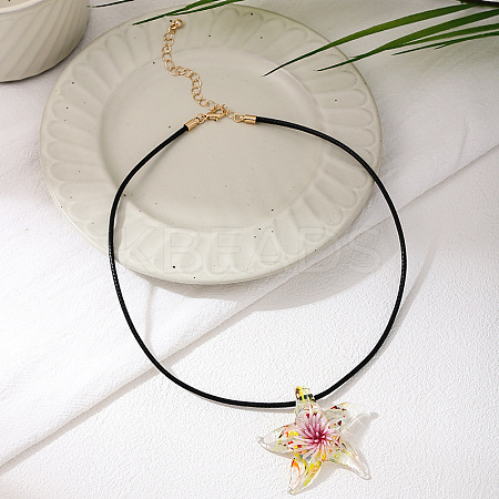 Summer Beach Starfish Transparent Glass Pendant Black Waxed Cord Necklaces for Women FS-WG29C72-02-1