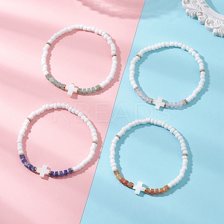 Natural Gemstone & Glass Seed Bead Stretch Bracelets BJEW-JB13306-1