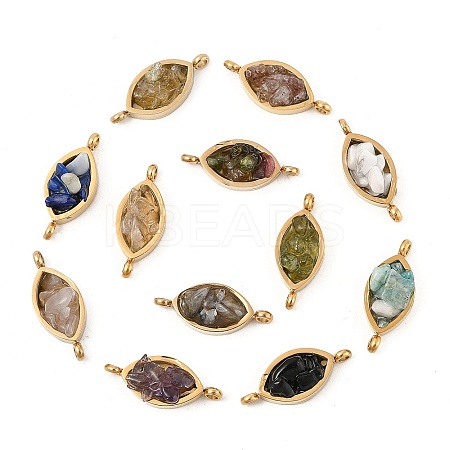 Natural Mixed Gemstone Chip 304 Stainless Steel Horse Eye Connector Charms KK-P300-12G-1